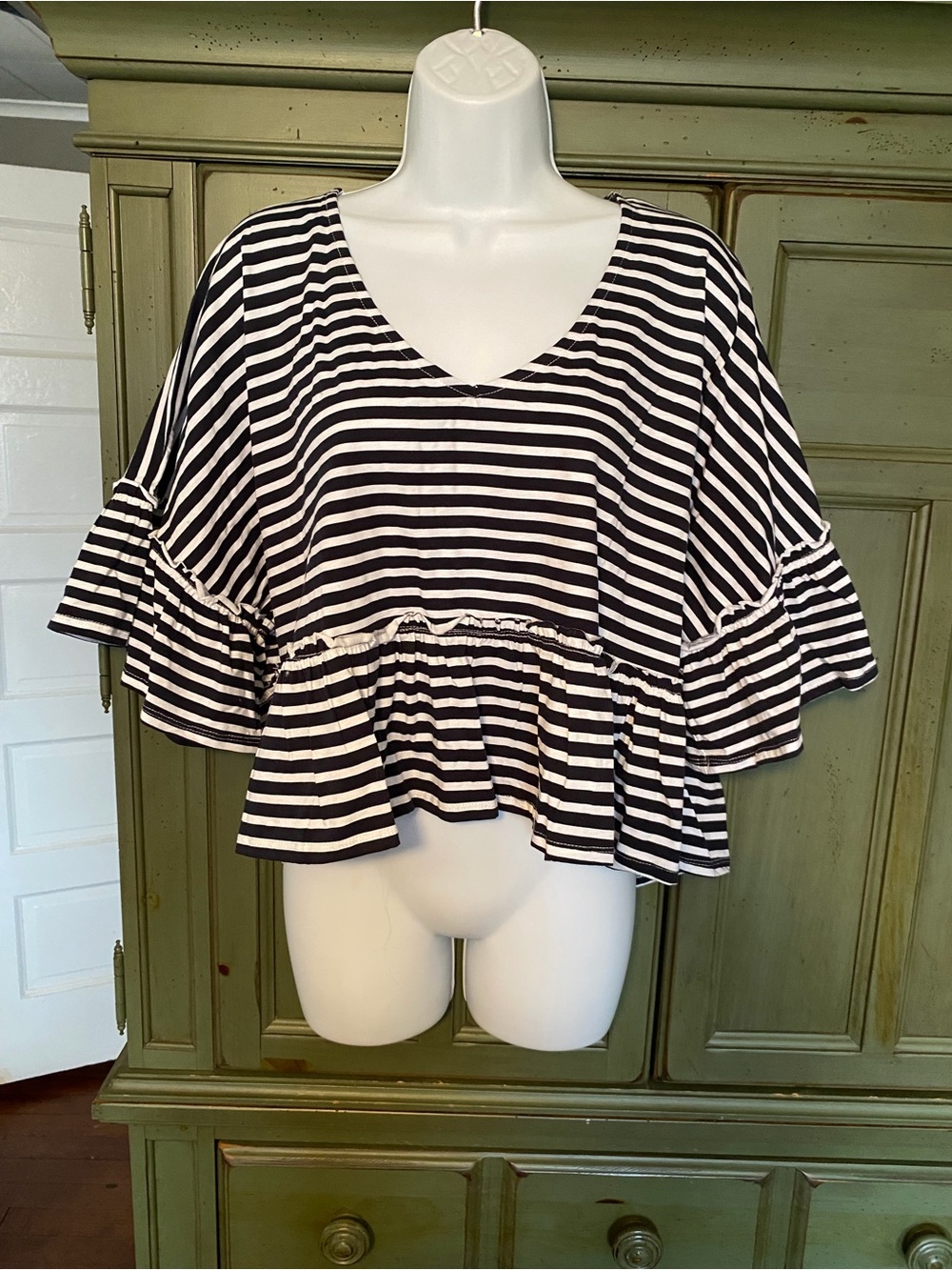 NWT Francesca's Collections Black & White Striped V-Neck Top